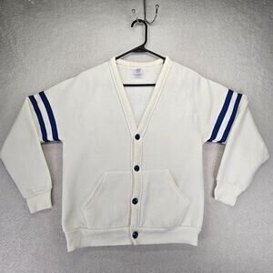 VTG Jerzees By Russell Cardigan Sweater M 1980s White Blue Striped Cotton Blank